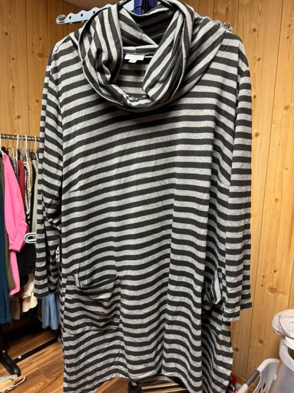 Avenue Black and Gray Striped Cowl Neck Tunic